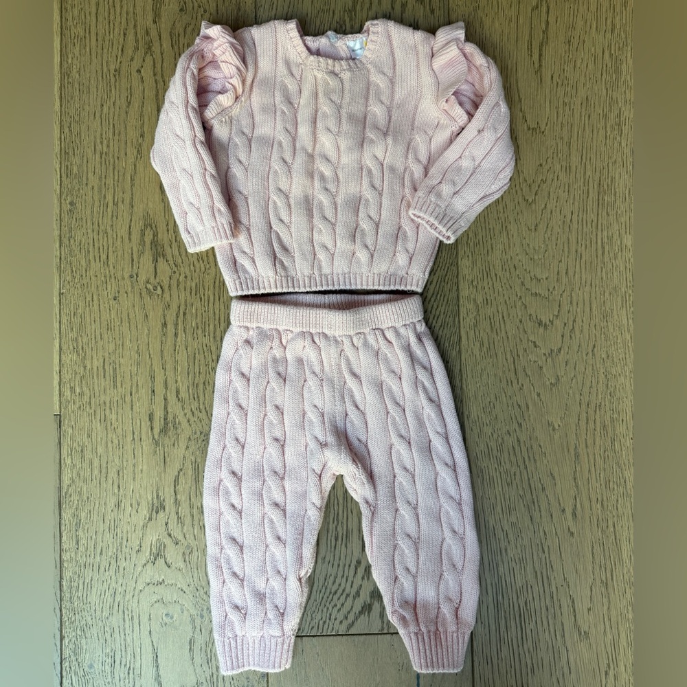 100% Cotton Pink Cable Knit Baby Sweater and Pants Set